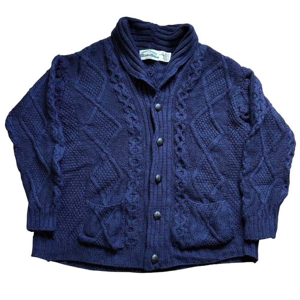 Vintage Aran Crafts Fisherman Cardigan Sweater Chunky Knit 100% Merino Wool XL